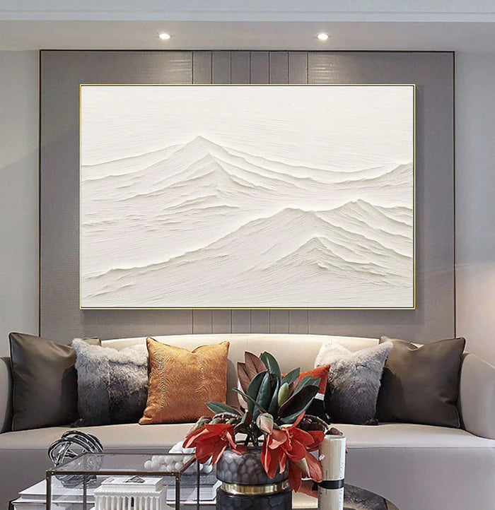 White Texture Ridges-Minimalist White Mountain Textured Canvas Art