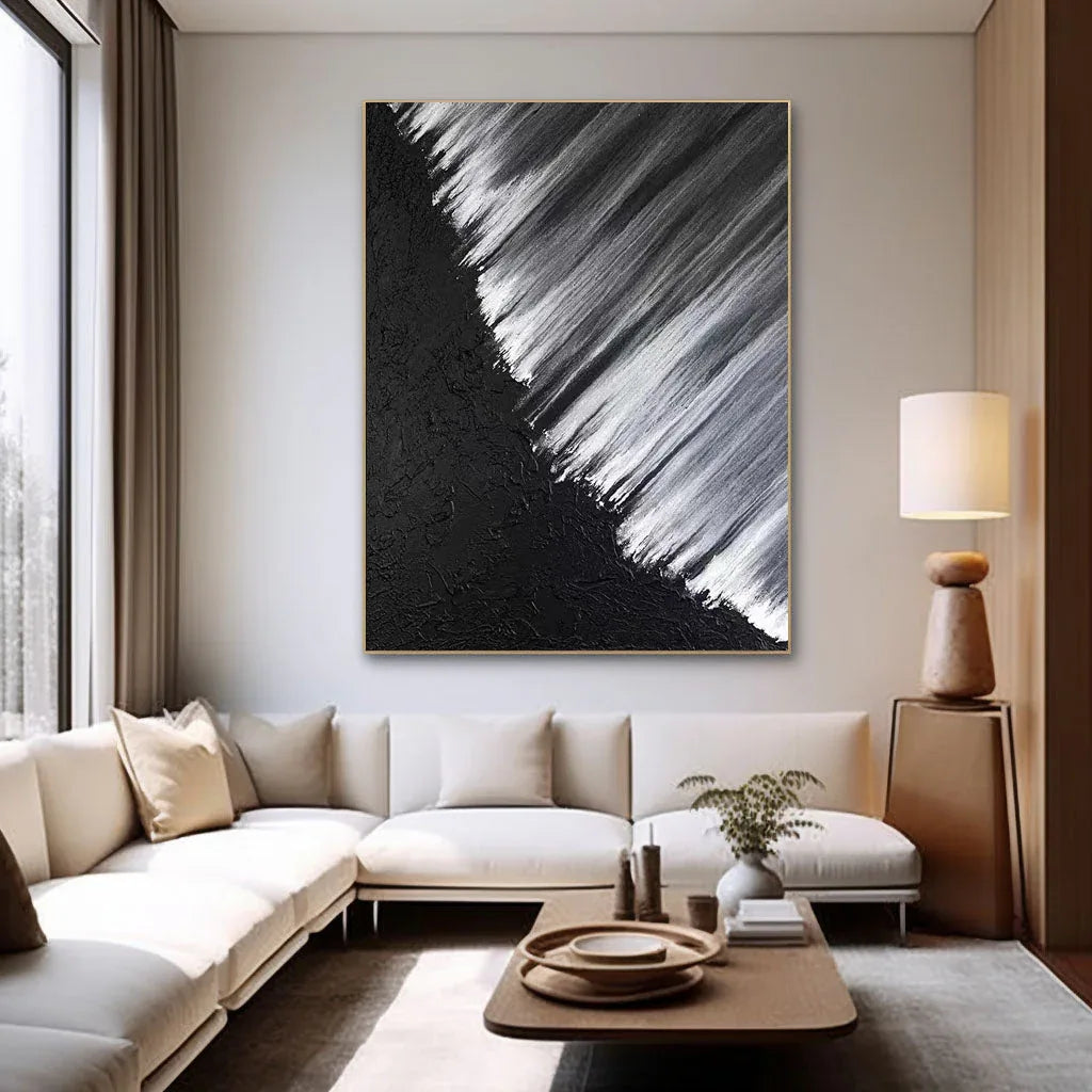 Monochrome Cascade-Hand Drawn Black and White Oblique Texture Abstract Wall Art - artextured