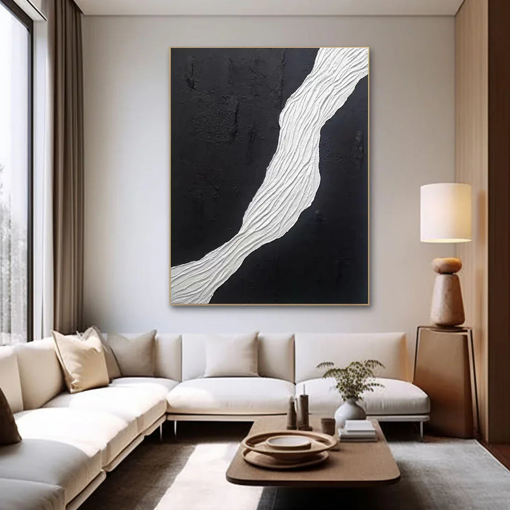 Divided Harmony-Black and White Flowing Abstract Hand-Painted Oil Painting Wall Art - artextured