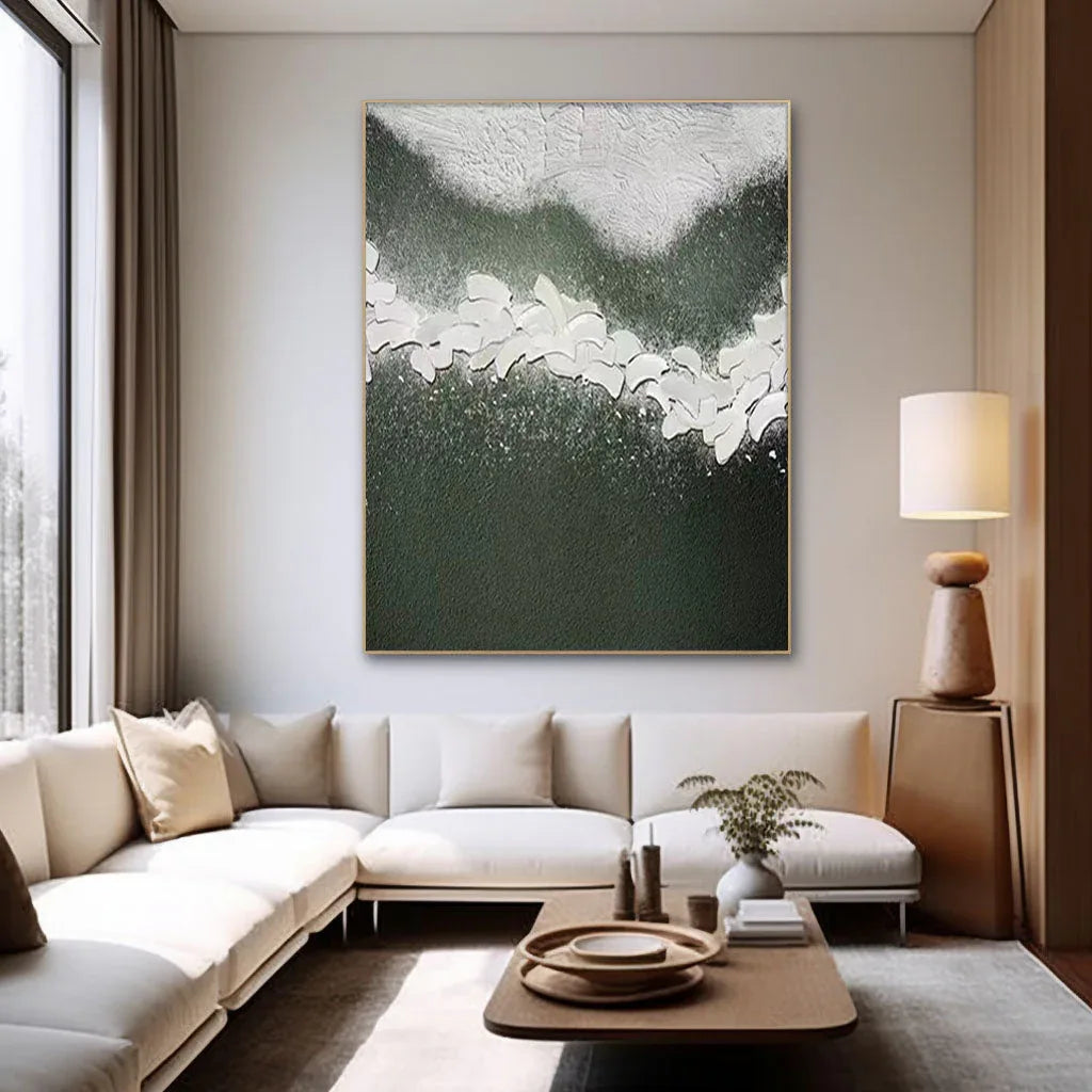 Whispering Blooms-Vertical Green and White Texture Petal Abstract Wall Art - artextured