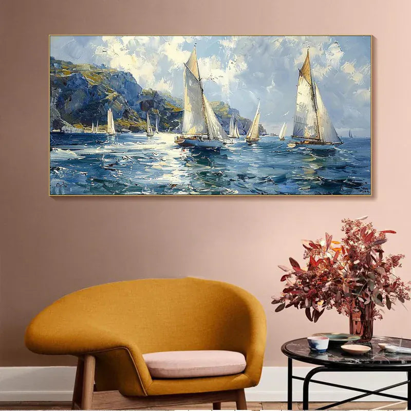 Sailing Yachts on Ocean – Textured Seascape Canvas Art#AB0519049