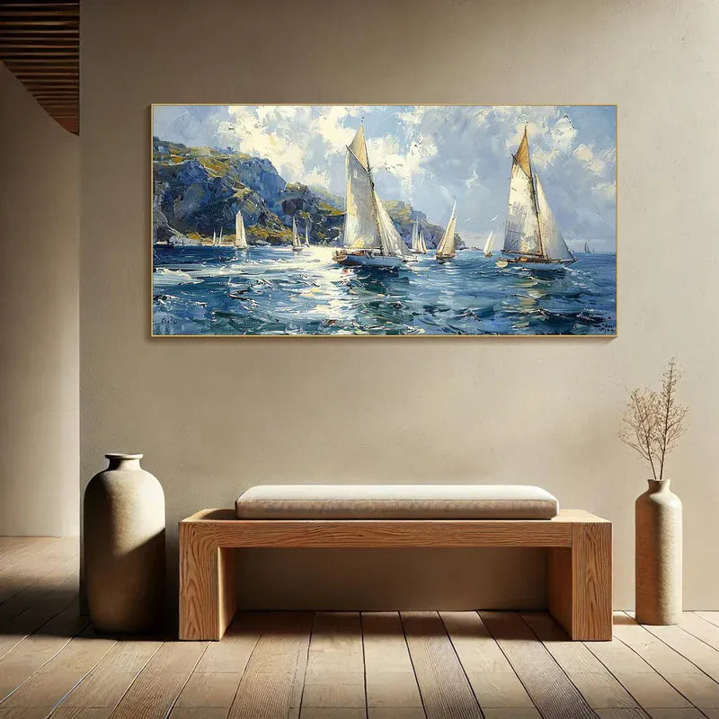 Sailing Yachts on Ocean – Textured Seascape Canvas Art#AB0519049