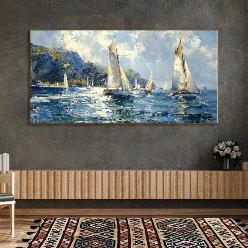 Sailing Yachts on Ocean – Textured Seascape Canvas Art#AB0519049