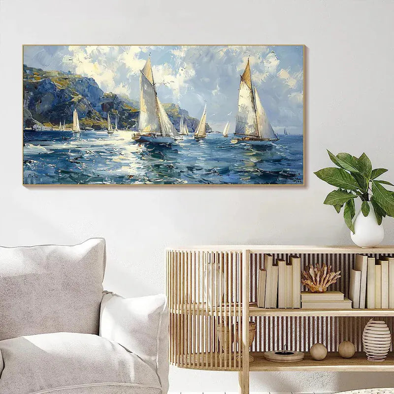 Sailing Yachts on Ocean – Textured Seascape Canvas Art#AB0519049