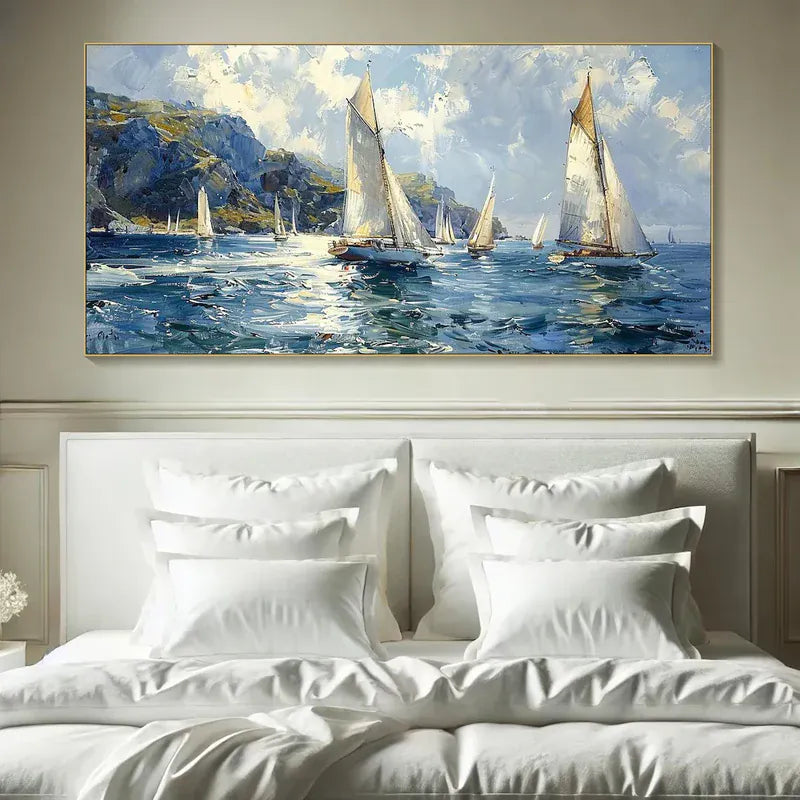 Sailing Yachts on Ocean – Textured Seascape Canvas Art#AB0519049