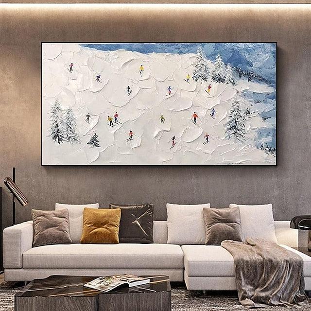 Winter Sports Adventure-Hand-Painted Abstract Oil Painting of a Snowy Skiing Scene Wall Art - artextured