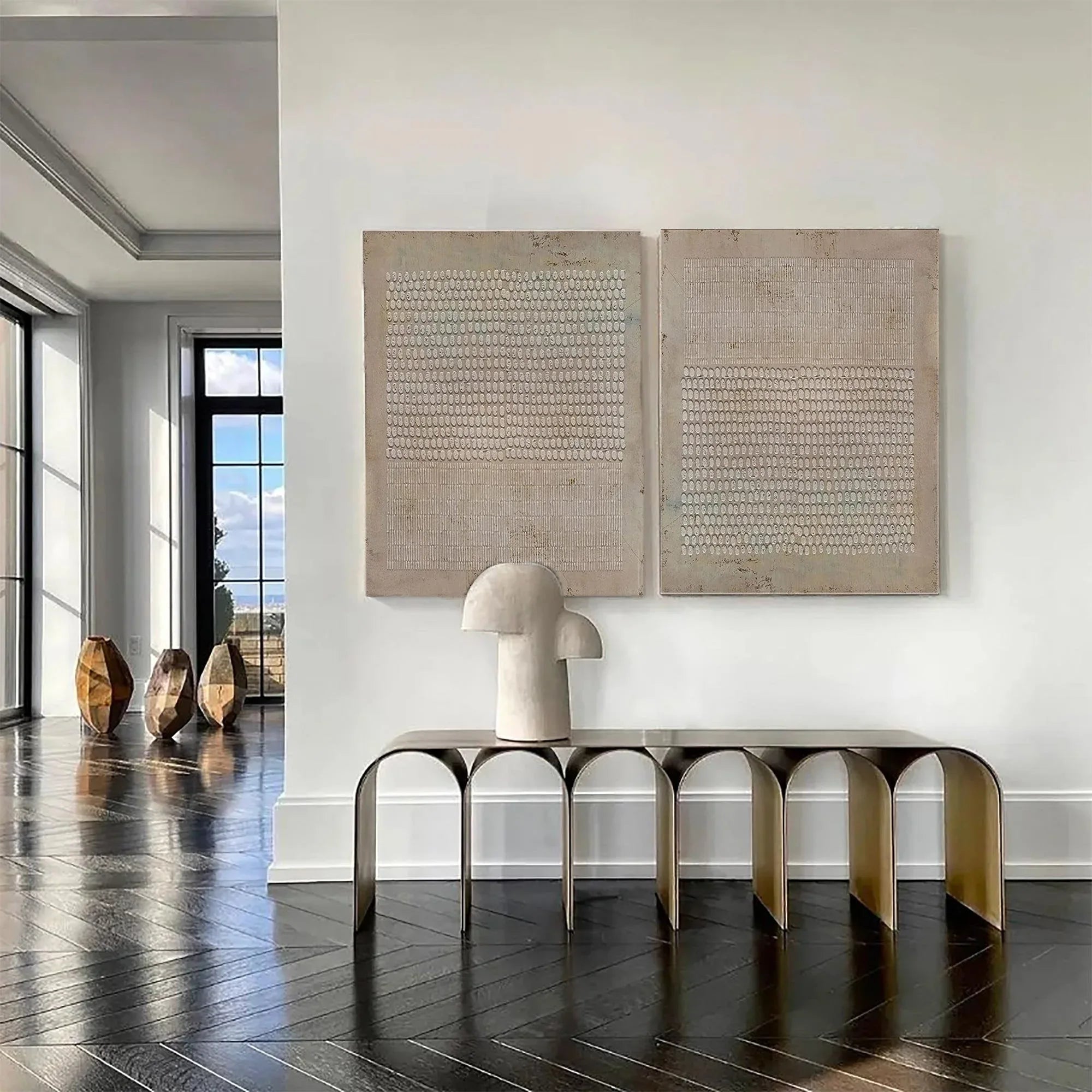 Tactile Geometry Duo Panels SET OF 2-Modern Minimalist Light Brown Geometric Grid Abstract Wall Art - artextured