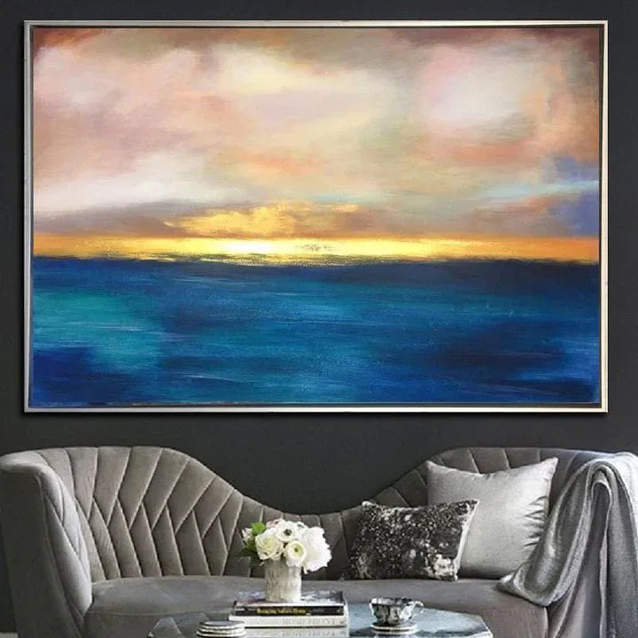 Sunset Serenity-Hand-Painted Sea and Dusk Blend Abstract Oil Painting Wall Art - artextured