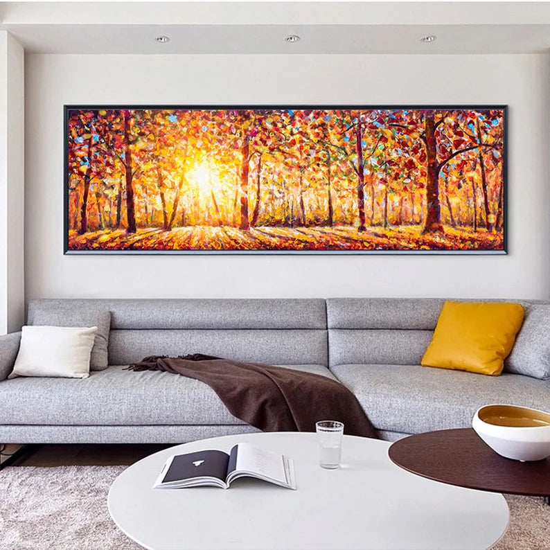 Large Golden Forest Sunrise Painting - Panoramic Abstract Landscape Wall Art