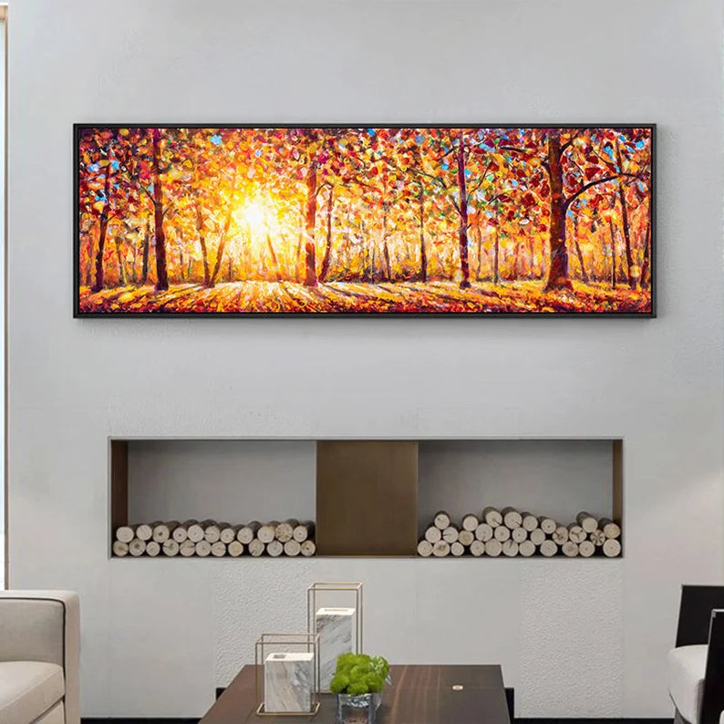 Large Golden Forest Sunrise Painting - Panoramic Abstract Landscape Wall Art