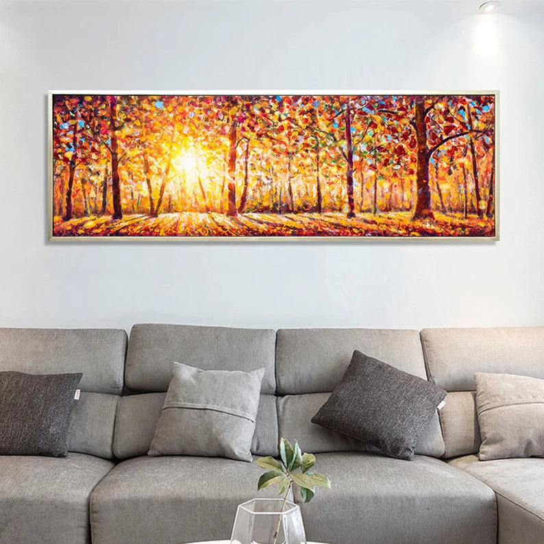Large Golden Forest Sunrise Painting - Panoramic Abstract Landscape Wall Art