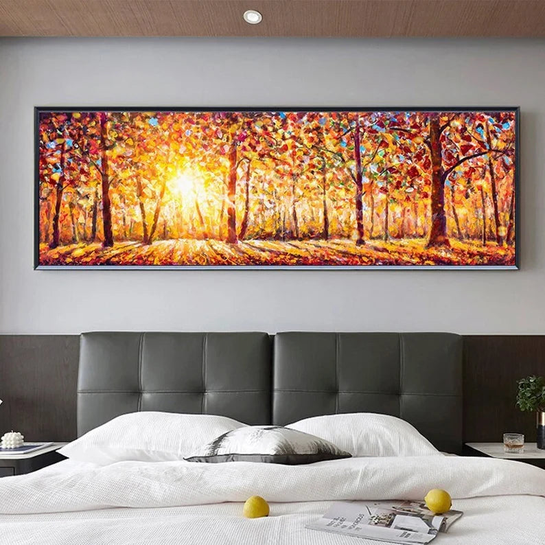 Large Golden Forest Sunrise Painting - Panoramic Abstract Landscape Wall Art