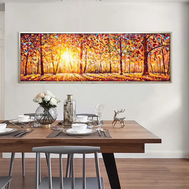 Large Golden Forest Sunrise Painting - Panoramic Abstract Landscape Wall Art