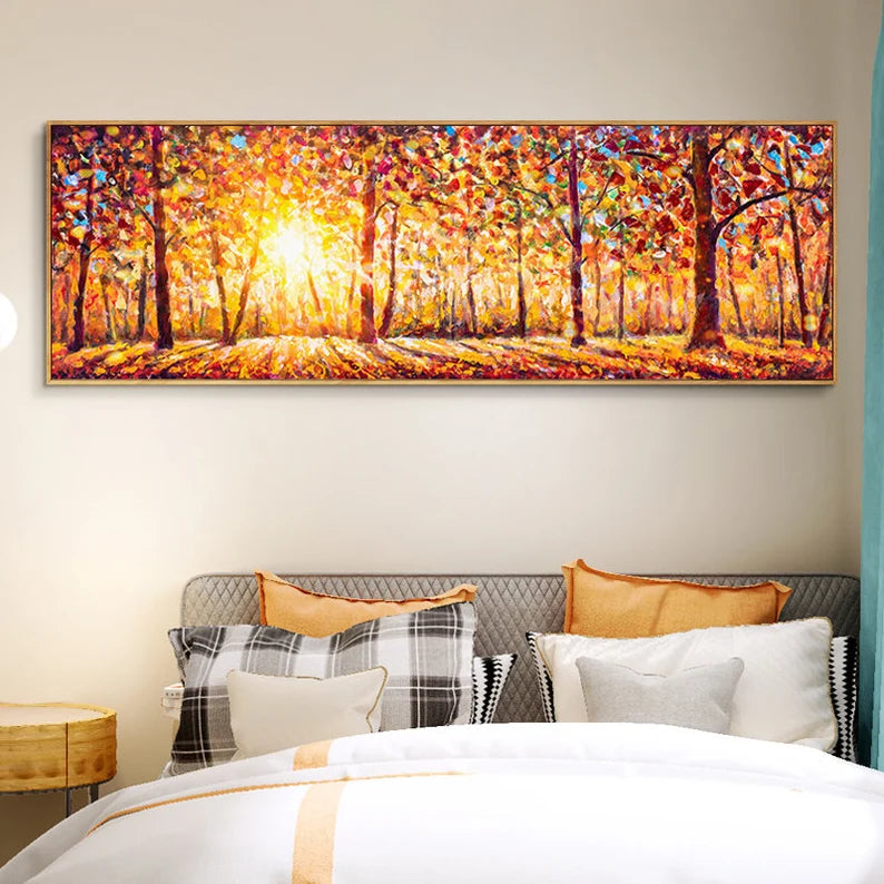 Large Golden Forest Sunrise Painting - Panoramic Abstract Landscape Wall Art