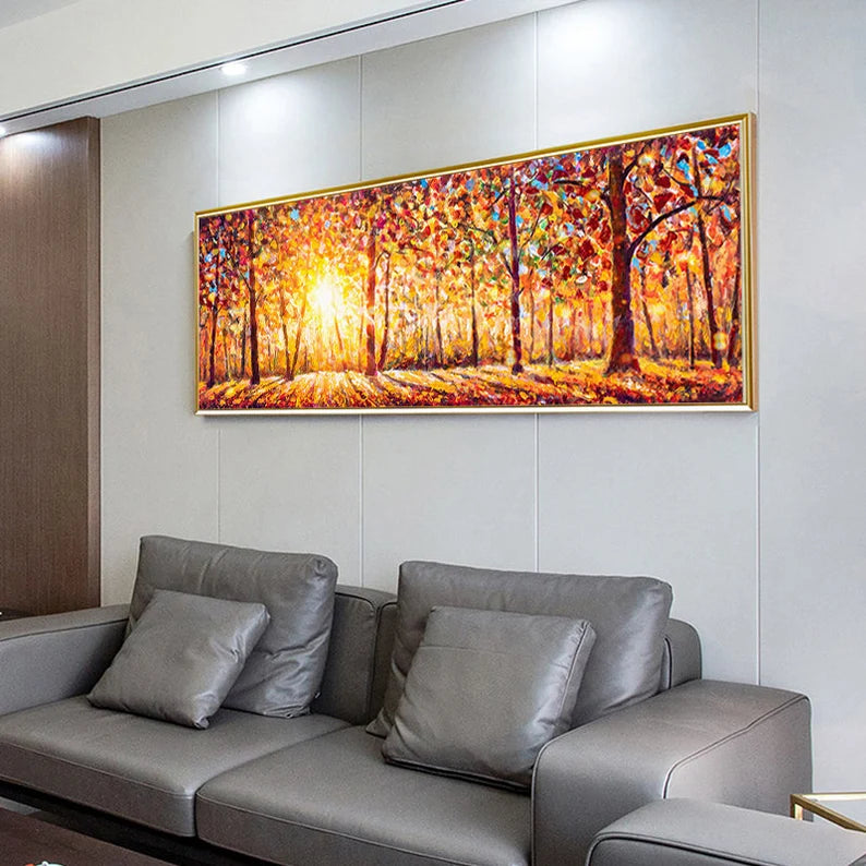 Large Golden Forest Sunrise Painting - Panoramic Abstract Landscape Wall Art