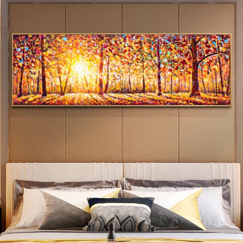 Large Golden Forest Sunrise Painting - Panoramic Abstract Landscape Wall Art