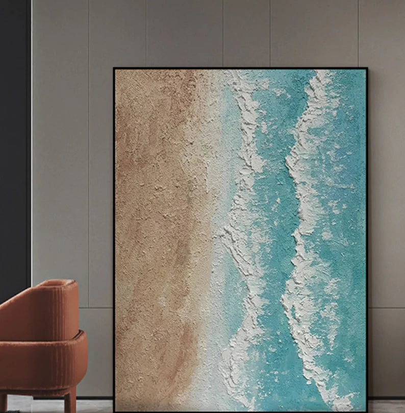 Light Tone Beach Art-Hand Drawn Natural Coastal Oil Wall Art in Modern Minimalist Homes