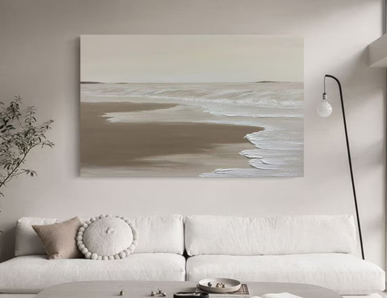 Tranquil Shoreline Minimalist Oil Painting