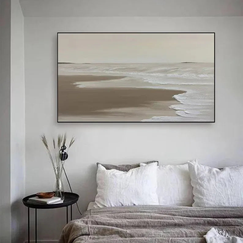 Calm Coastal Abstraction-Tranquil Shoreline Minimalist Oil Painting - artextured