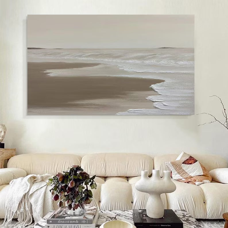 Tranquil Shoreline Minimalist Oil Painting