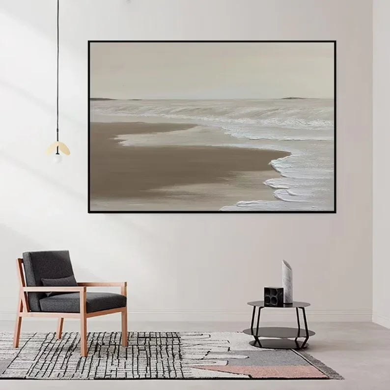 Calm Coastal Abstraction-Tranquil Shoreline Minimalist Oil Painting - artextured