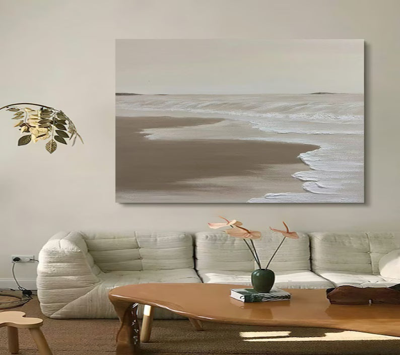 Tranquil Shoreline Minimalist Oil Painting