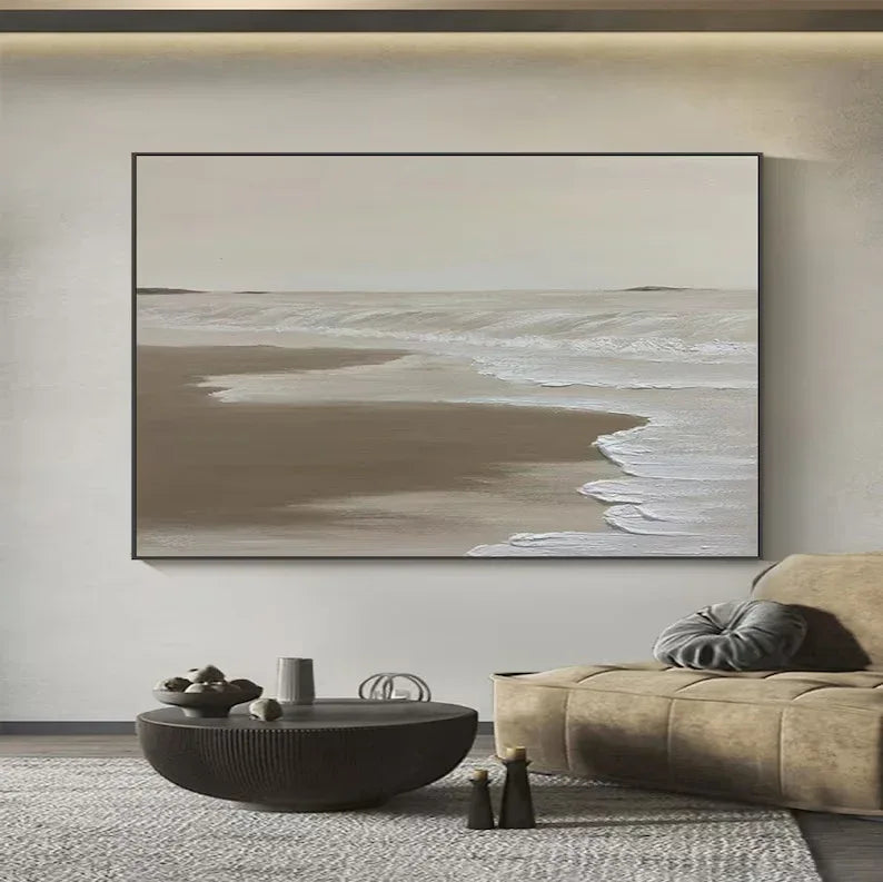 Calm Coastal Abstraction-Tranquil Shoreline Minimalist Oil Painting - artextured
