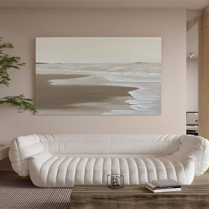 Tranquil Shoreline Minimalist Oil Painting