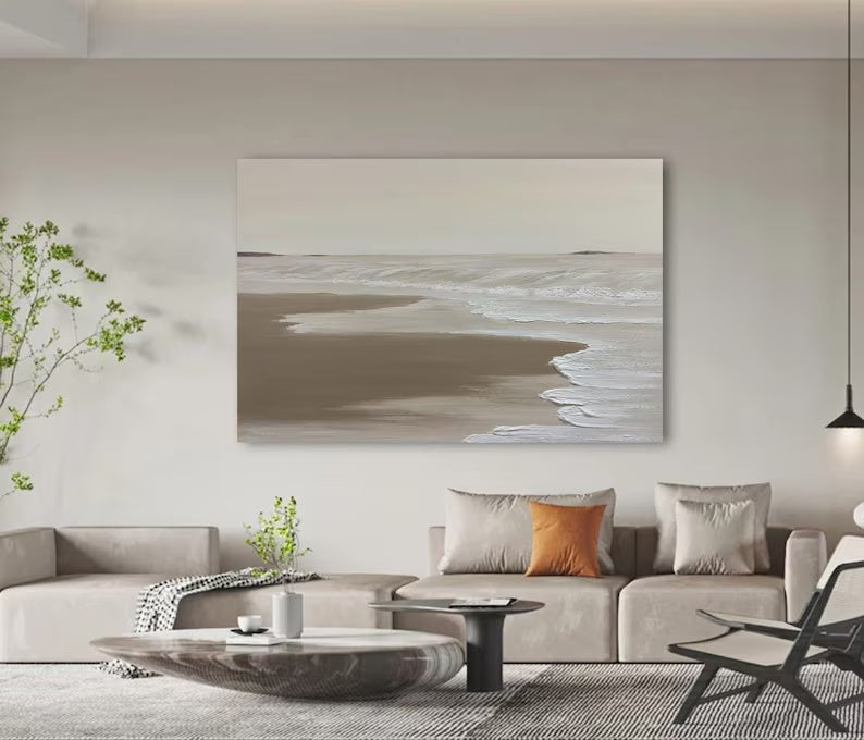 Tranquil Shoreline Minimalist Oil Painting