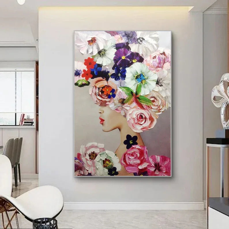 Floral Muse Canvas Portrait-Vertical Colorful Flower Portrait Abstract Texture Wall Art - artextured
