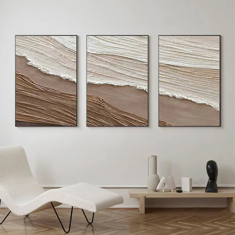 Tidal Harmony SET OF 3-Minimalist Wabi-sabi Earth and Wave Texture Wall Art - artextured