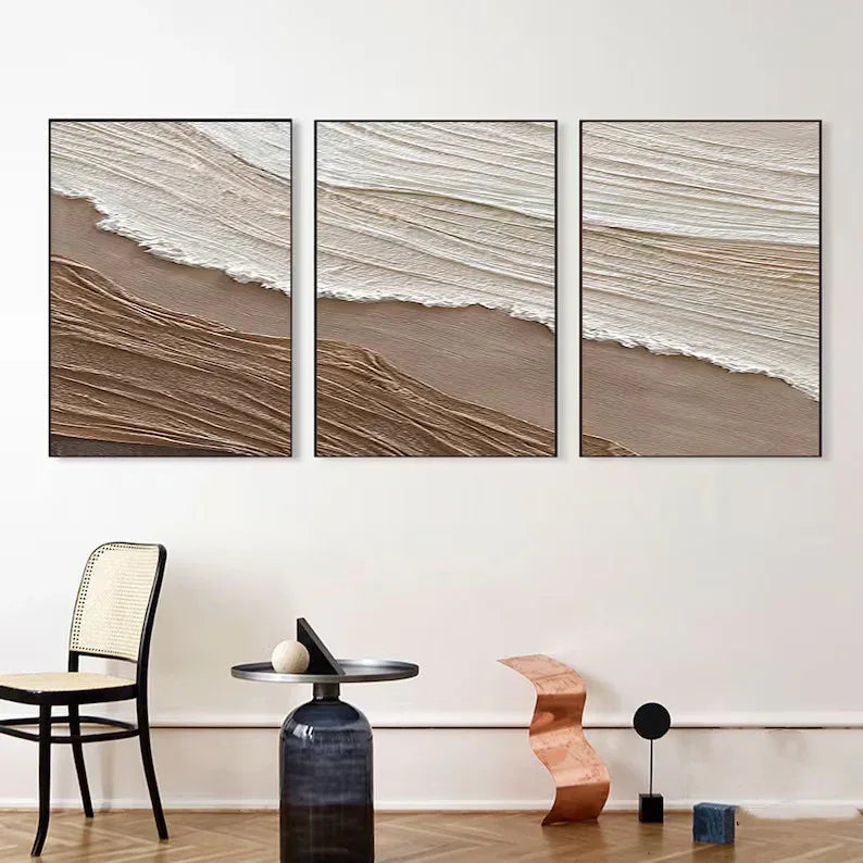 Tidal Harmony SET OF 3-Minimalist Wabi-sabi Earth and Wave Texture Wall Art - artextured