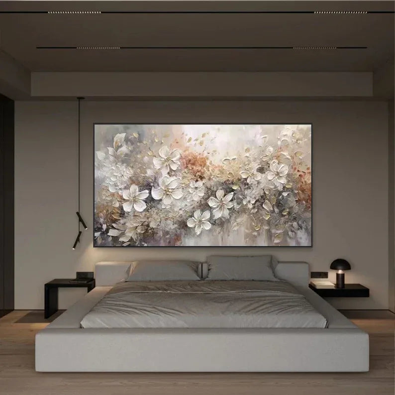 Elegant Bloom Symphony Canvas-Minimally Abstract Gold and White Floral Oil Painting Wall Art - artextured