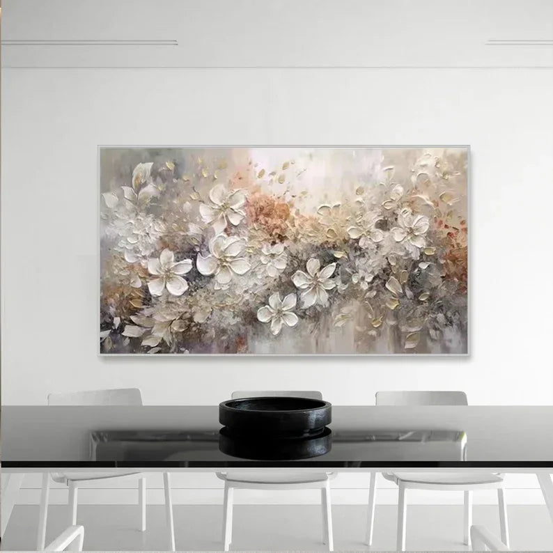Elegant Bloom Symphony Canvas-Minimally Abstract Gold and White Floral Oil Painting Wall Art - artextured