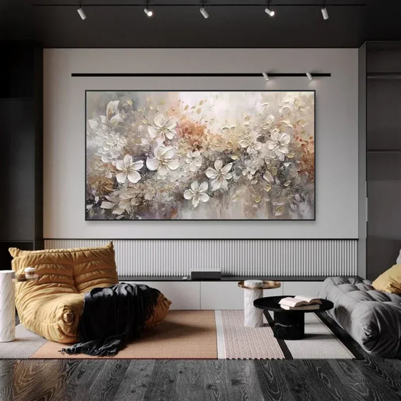 Elegant Bloom Symphony Canvas-Minimally Abstract Gold and White Floral Oil Painting Wall Art - artextured