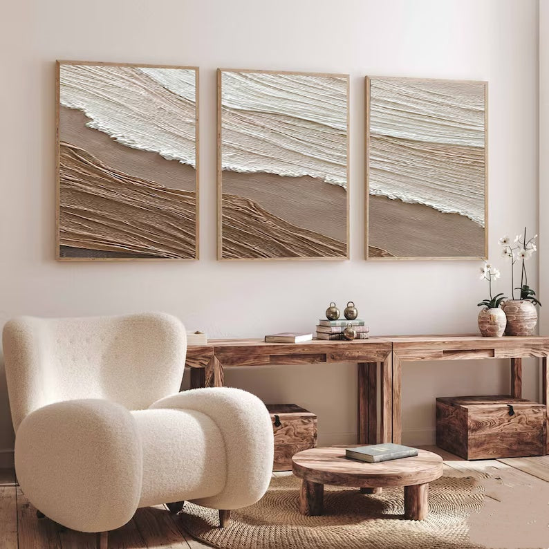 Tidal Harmony SET OF 3-Minimalist Wabi-sabi Earth and Wave Texture Wall Art