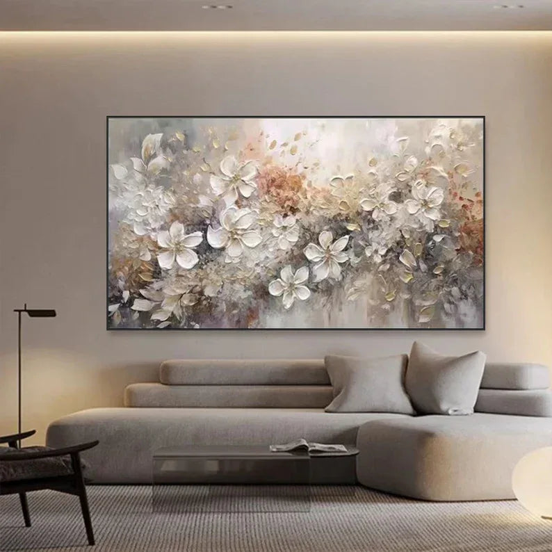 Elegant Bloom Symphony Canvas-Minimally Abstract Gold and White Floral Oil Painting Wall Art - artextured