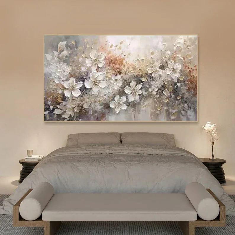 Elegant Bloom Symphony Canvas-Minimally Abstract Gold and White Floral Oil Painting Wall Art - artextured