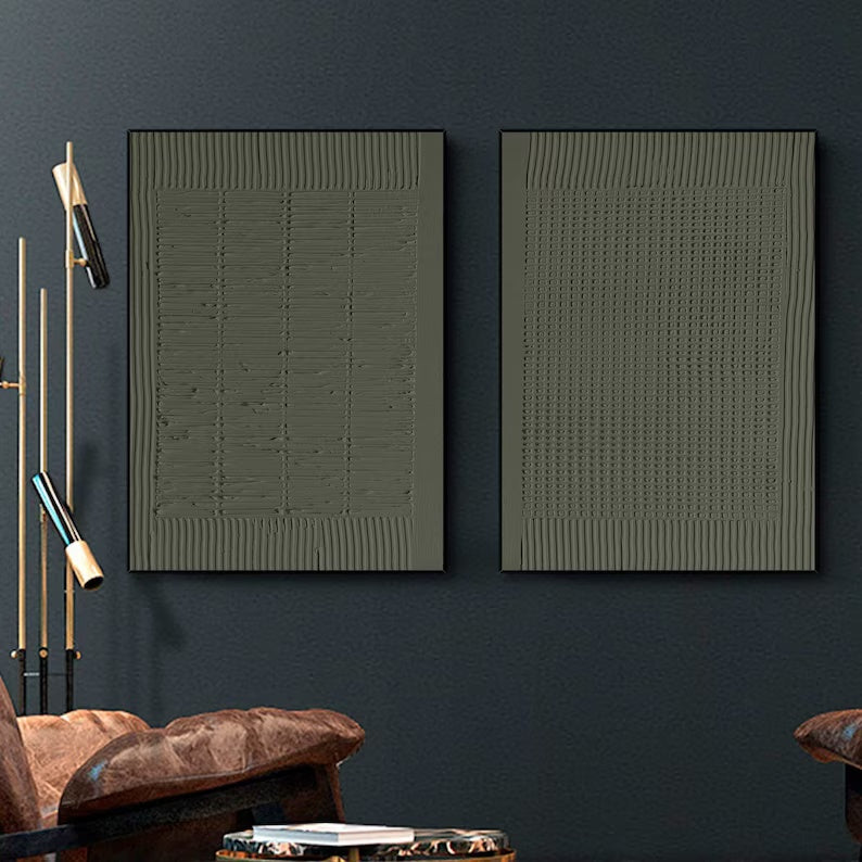 Minimalist Olive Green Textured Wall Art Set OF 2
