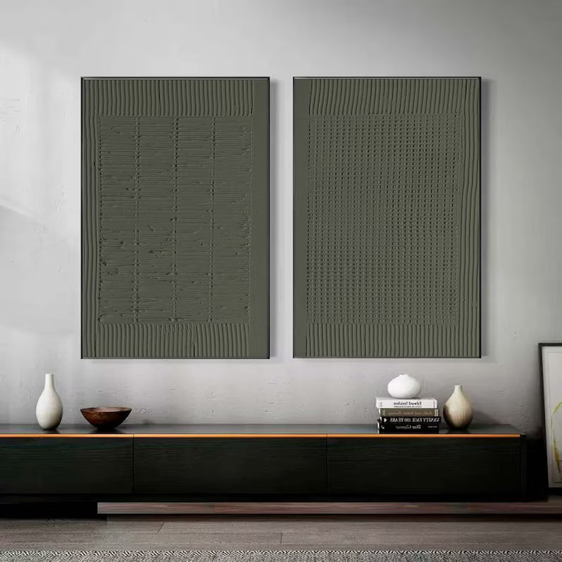 Minimalist Olive Green Textured Wall Art Set OF 2
