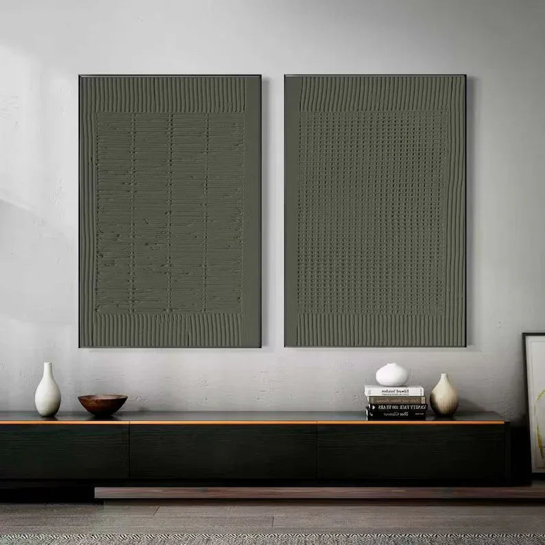 Olive Abstract Textures-Minimalist Olive Green Textured Wall Art Set OF 2 - artextured