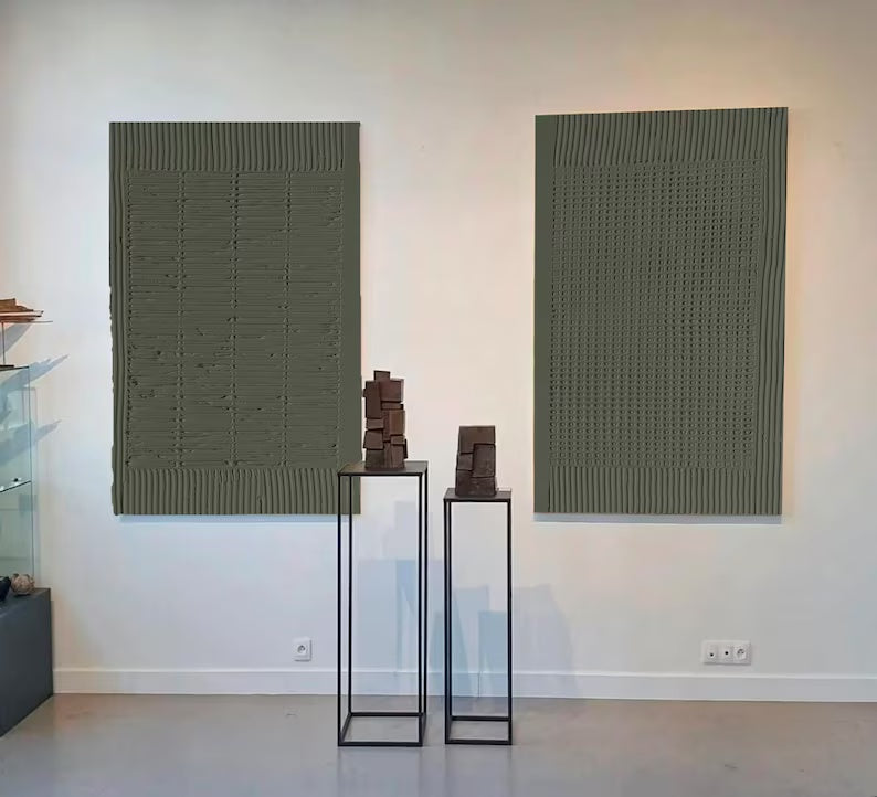 Minimalist Olive Green Textured Wall Art Set OF 2