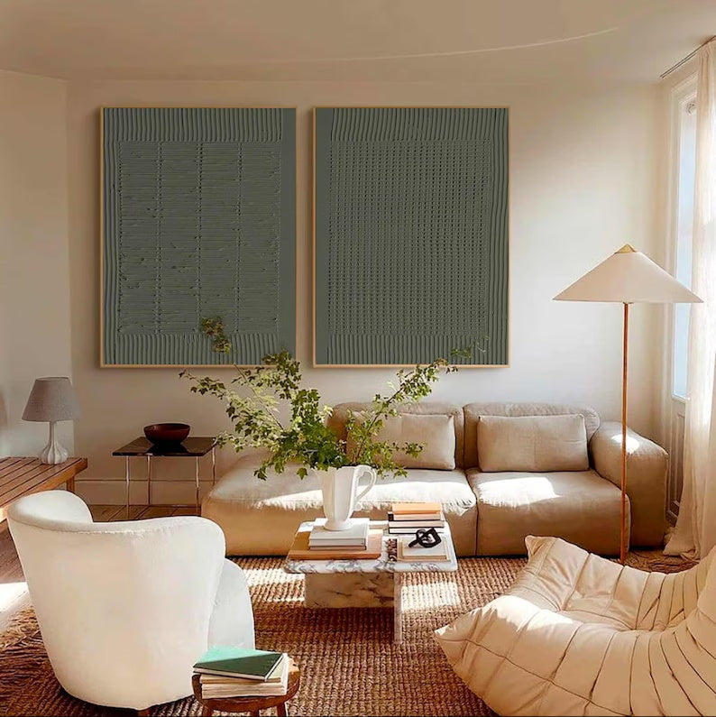 Minimalist Olive Green Textured Wall Art Set OF 2