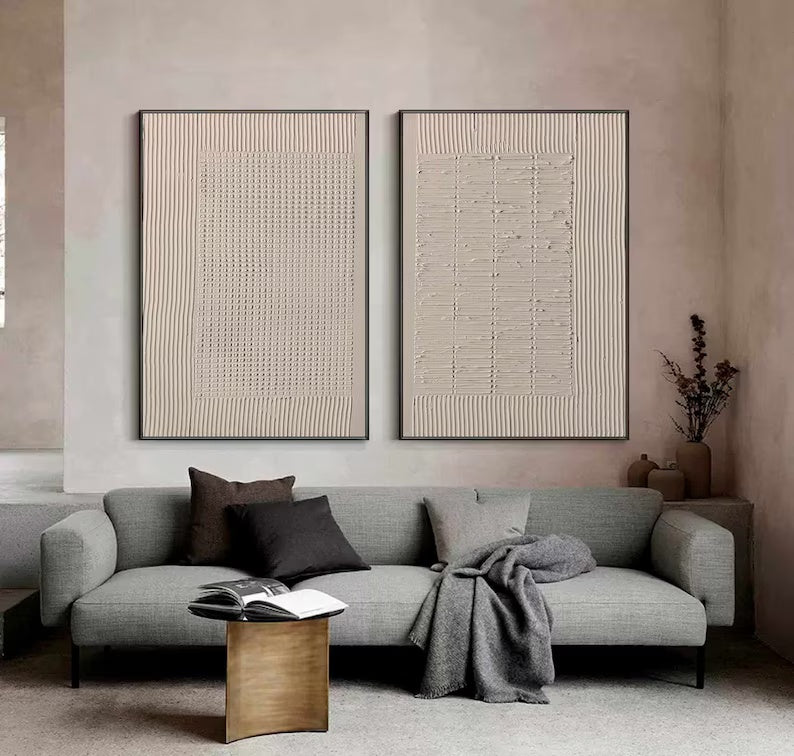 Layered Beige Rhythm-Minimalist Dual-Panel Textured Wall Art Set OF 2