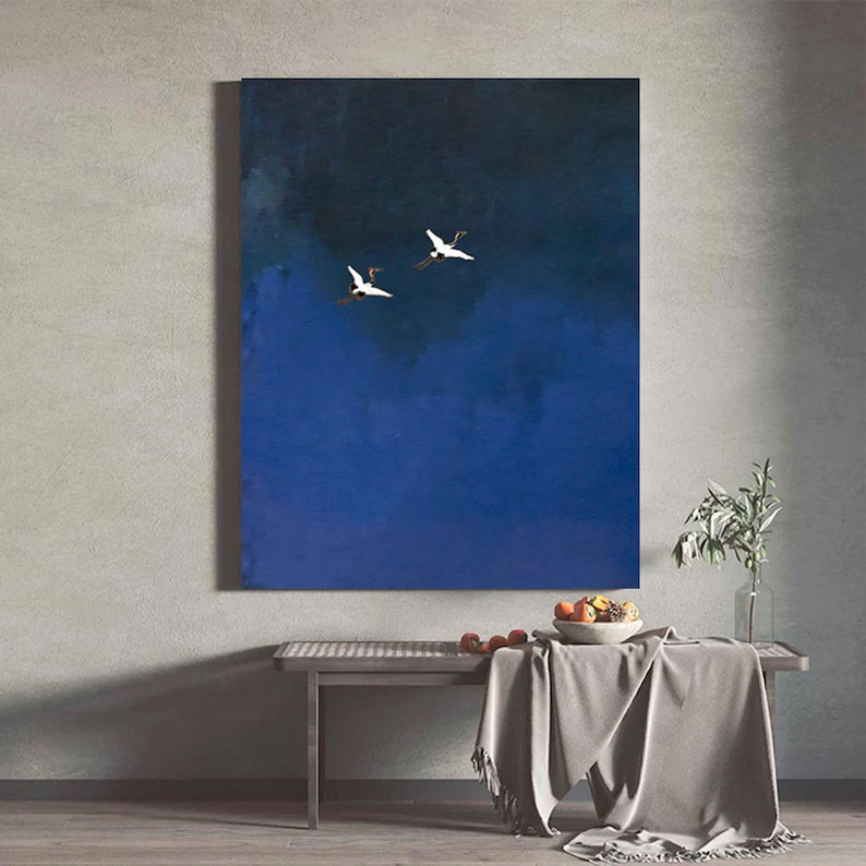 Minimalist Blue Crane Oil Painting – Tranquil Asian-Inspired Wall Art
