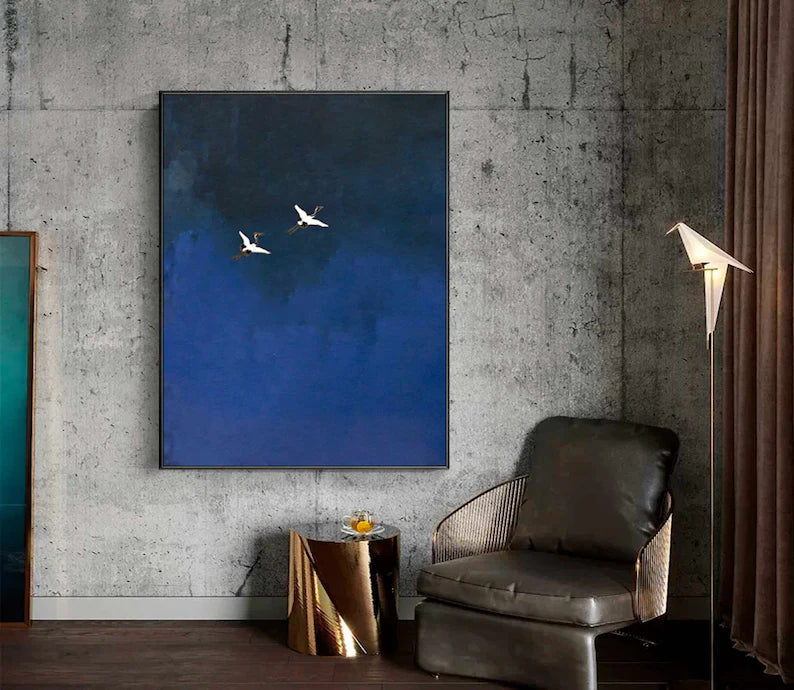 Minimalist Blue Crane Oil Painting – Tranquil Asian-Inspired Wall Art