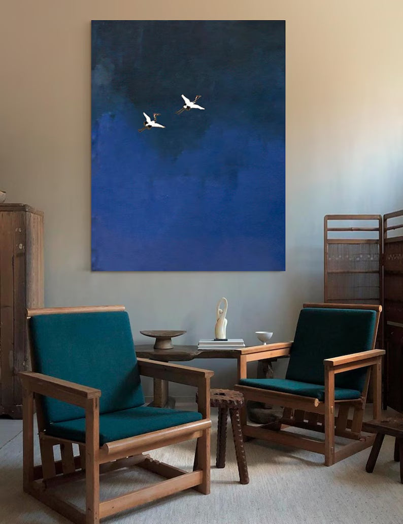 Minimalist Blue Crane Oil Painting – Tranquil Asian-Inspired Wall Art