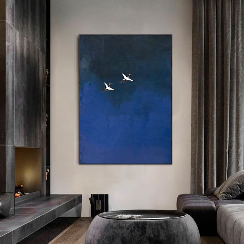 Minimalist Blue Crane Oil Painting – Tranquil Asian-Inspired Wall Art
