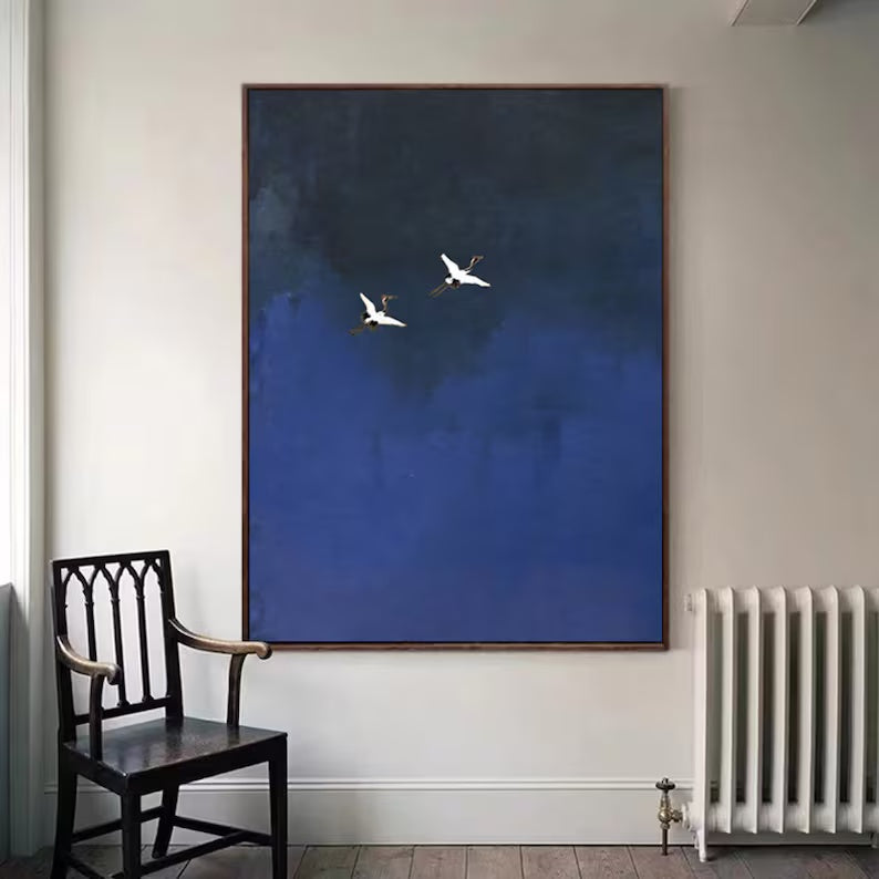 Minimalist Blue Crane Oil Painting – Tranquil Asian-Inspired Wall Art