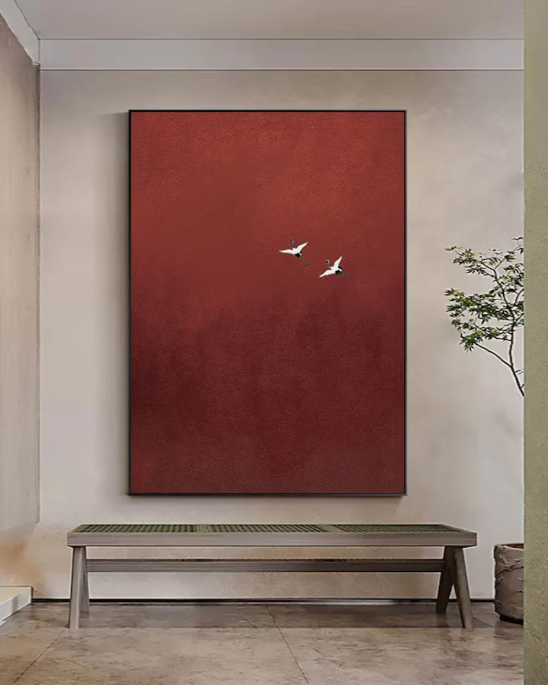 Minimalist Red Crane Painting – Asian-Inspired Modern Wall Art